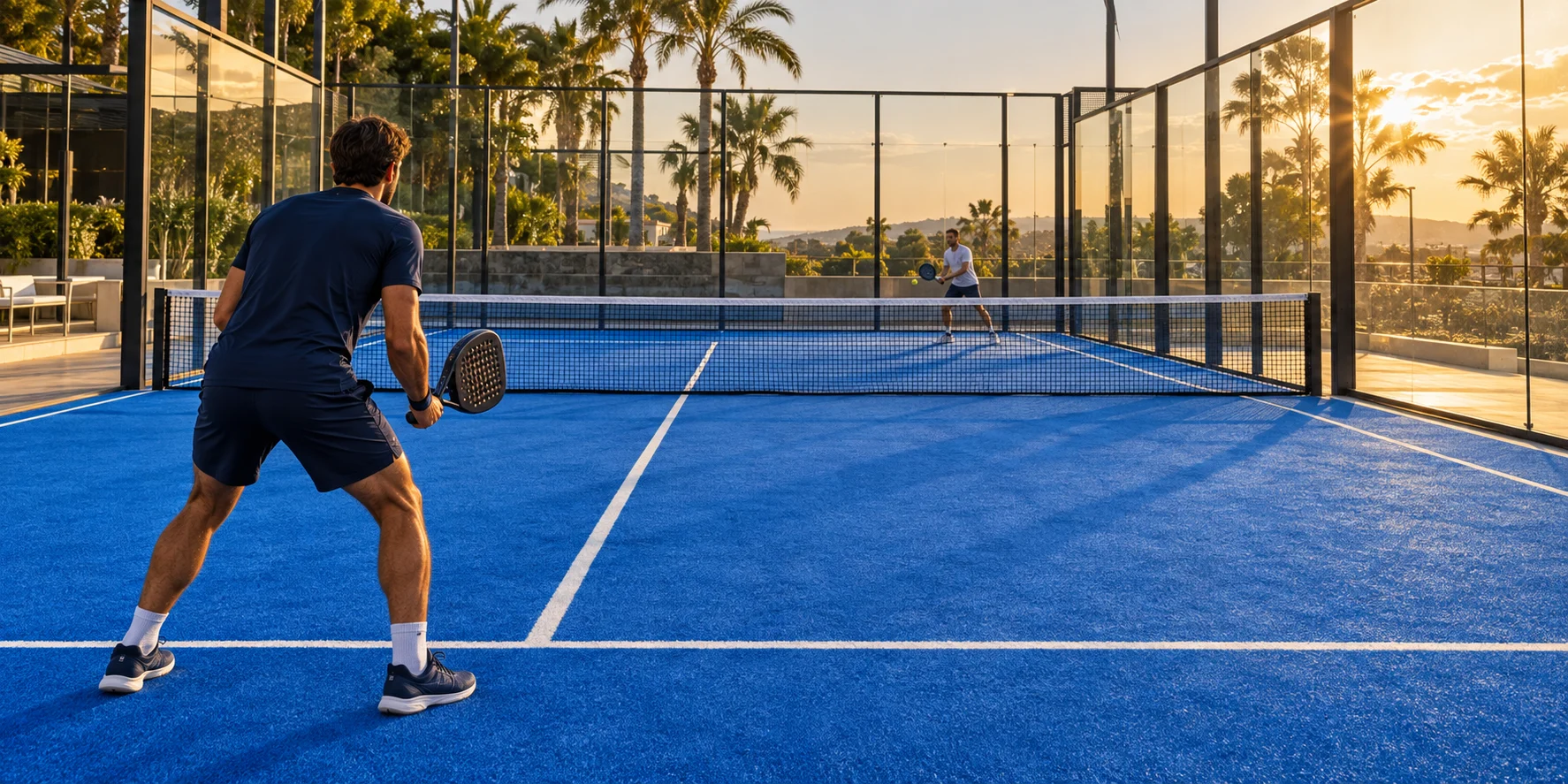 Jugadores de pádel en una cancha de vidrio al atardecer